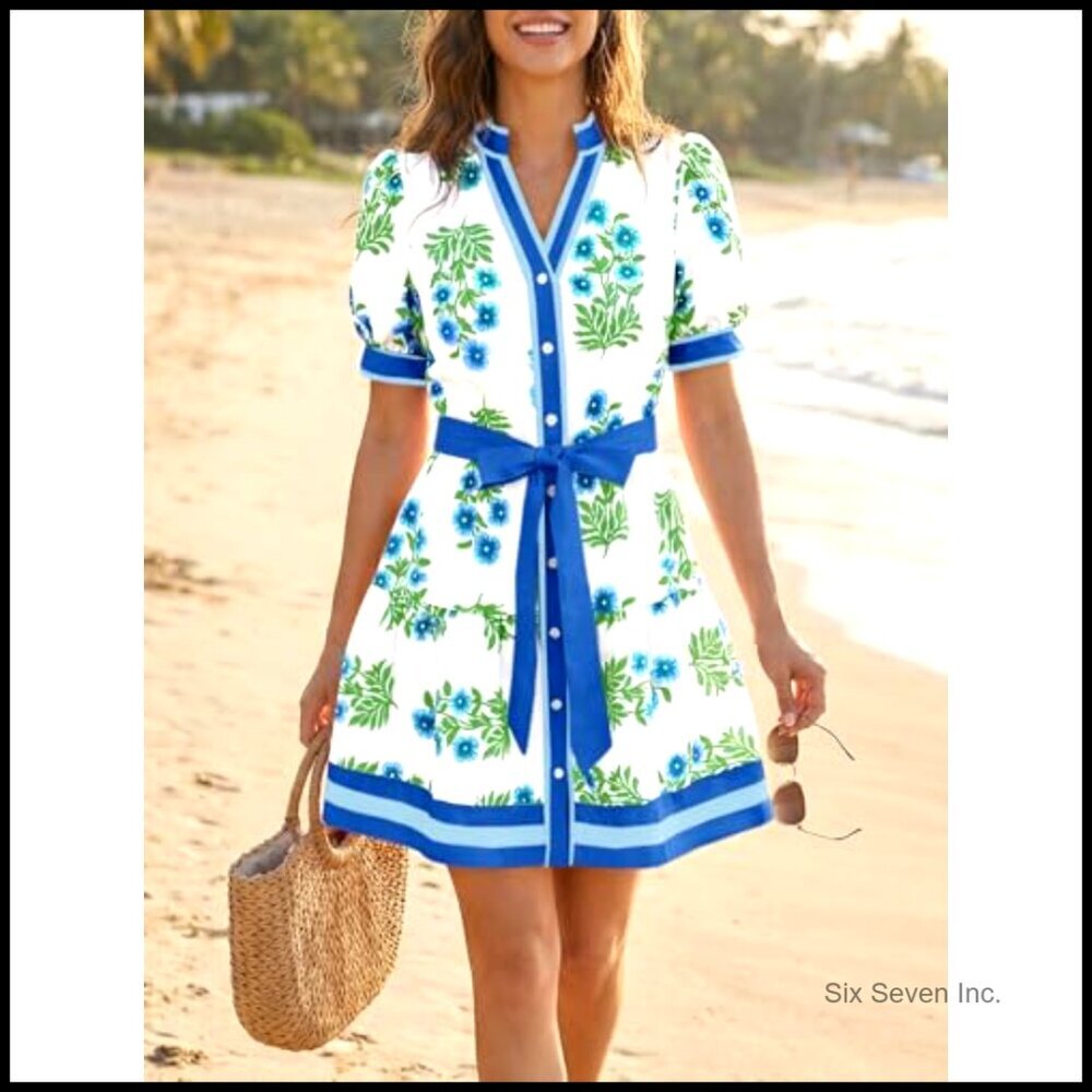 Summer Floral Mini Dress Puff Sleeve V Neck Button Down Casual Loose Boho - Picture 5 of 5